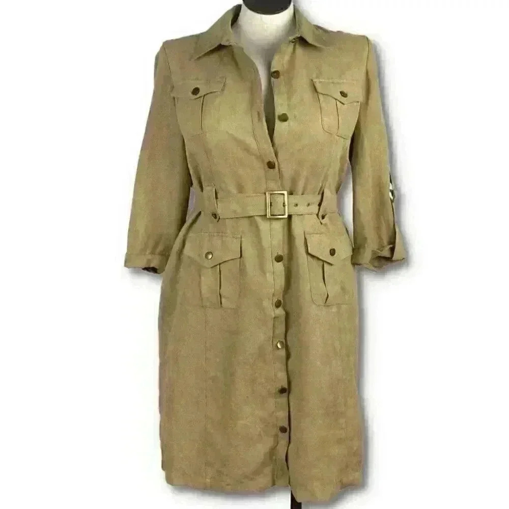 Vtg predictions dress size 14 tan ultra suede vegan button down safari 90s y2k